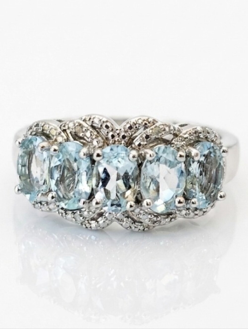 Natural Aquamarine & Diamond Ring Sterling Silver Size 8! New